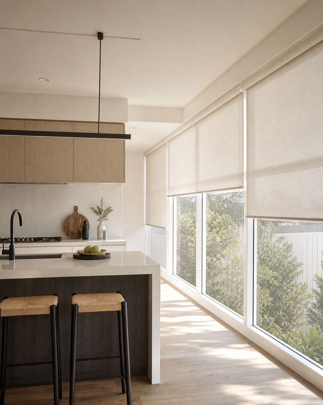 Light filtering roller blinds softening the light in a kitchen